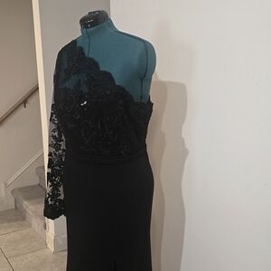 Fashion Nova Black Asymmetrical Embellished Maxi Gown Long Bishop Sleeve Sz 1X